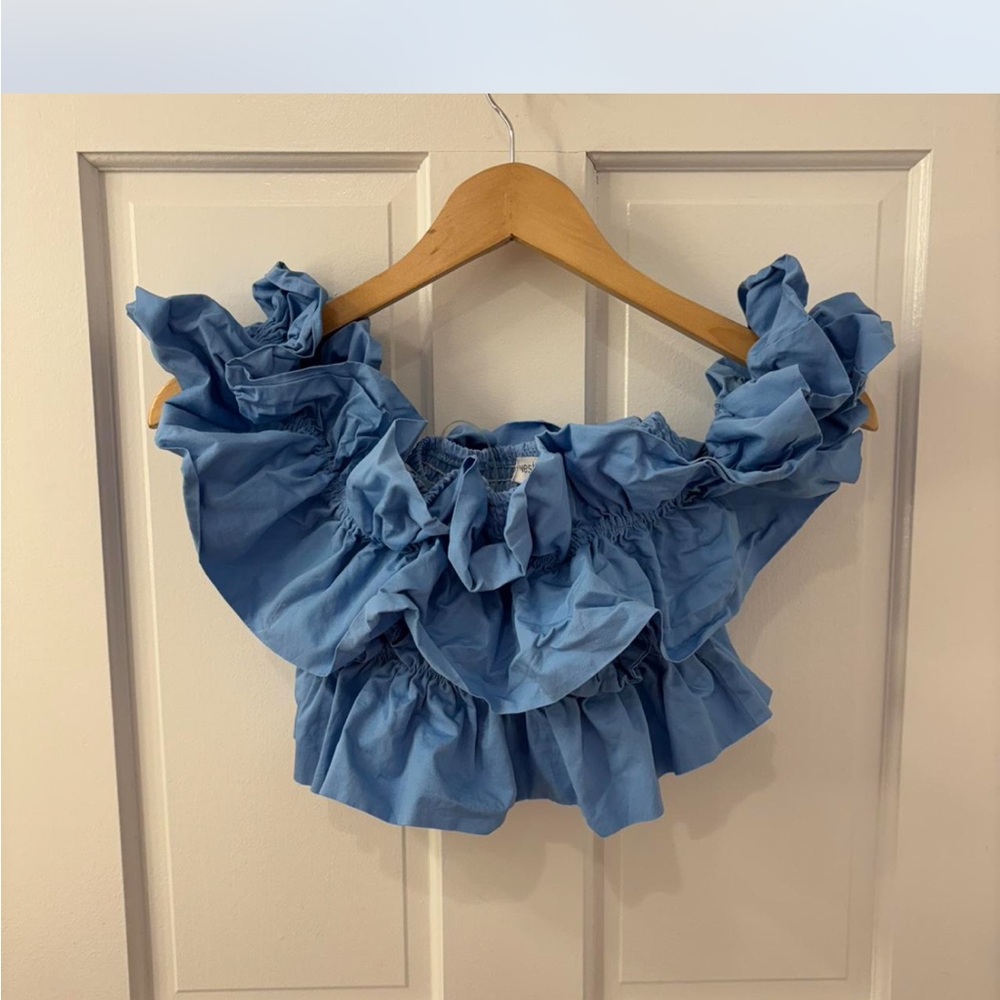 Vestique Blue Ruffled Off-Shoulder Top